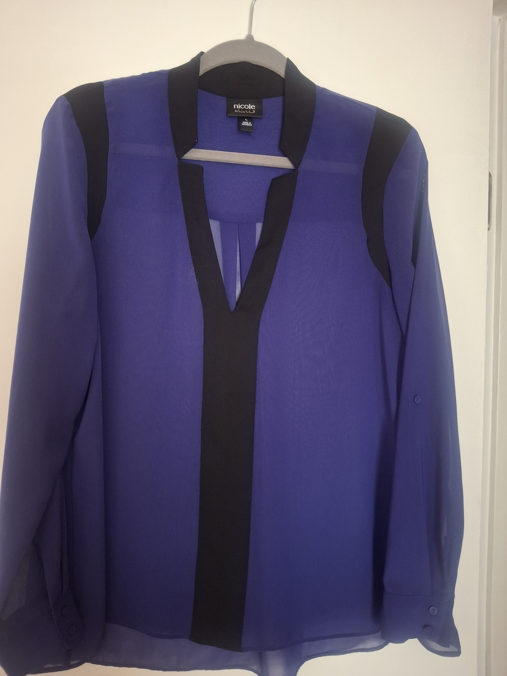 Nicole Miller Sheer V-Neck Tunic Blouse in Royal Blue and Black Trim